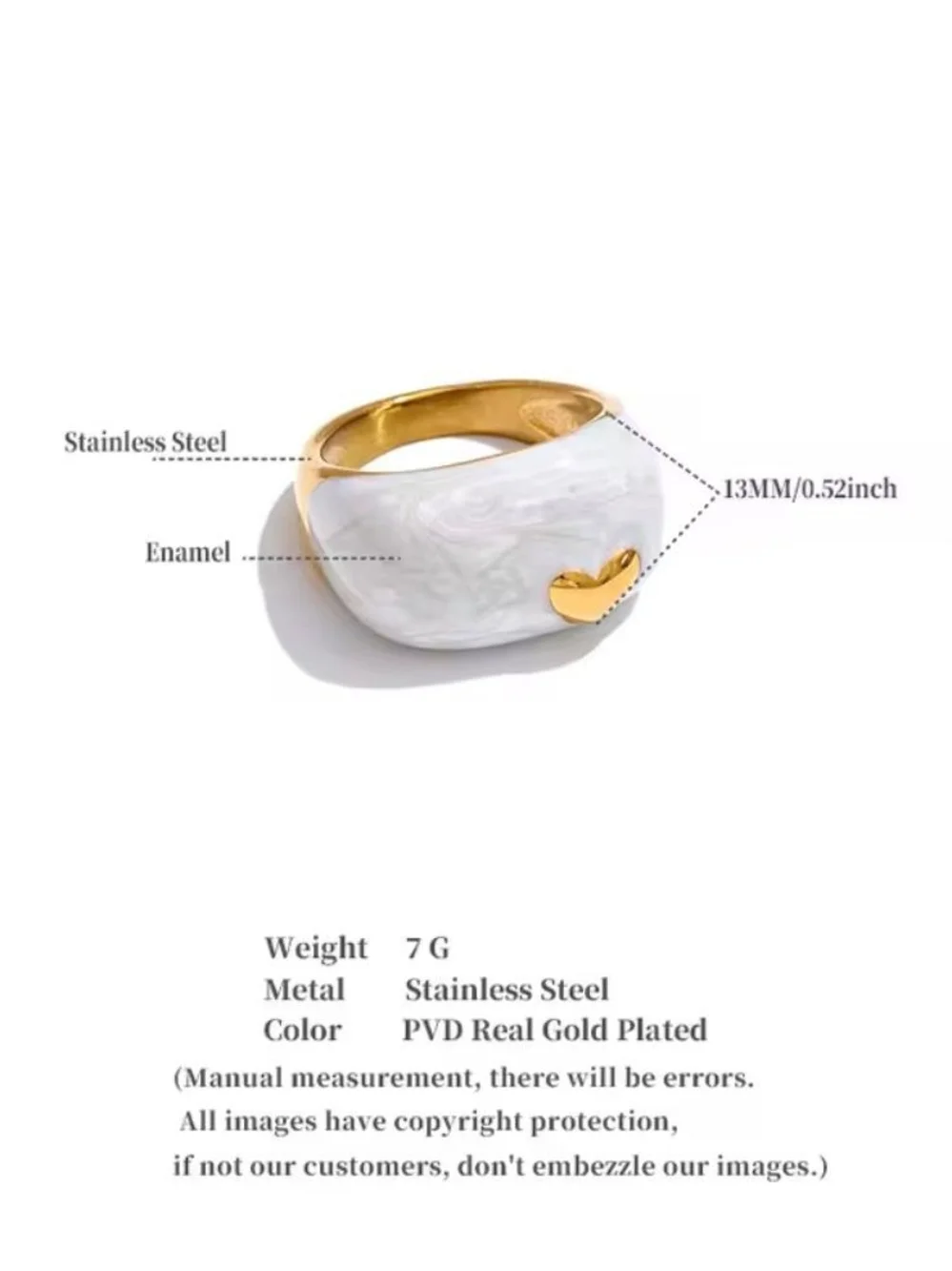White Marble Resin Ring with Gold Heart Accent